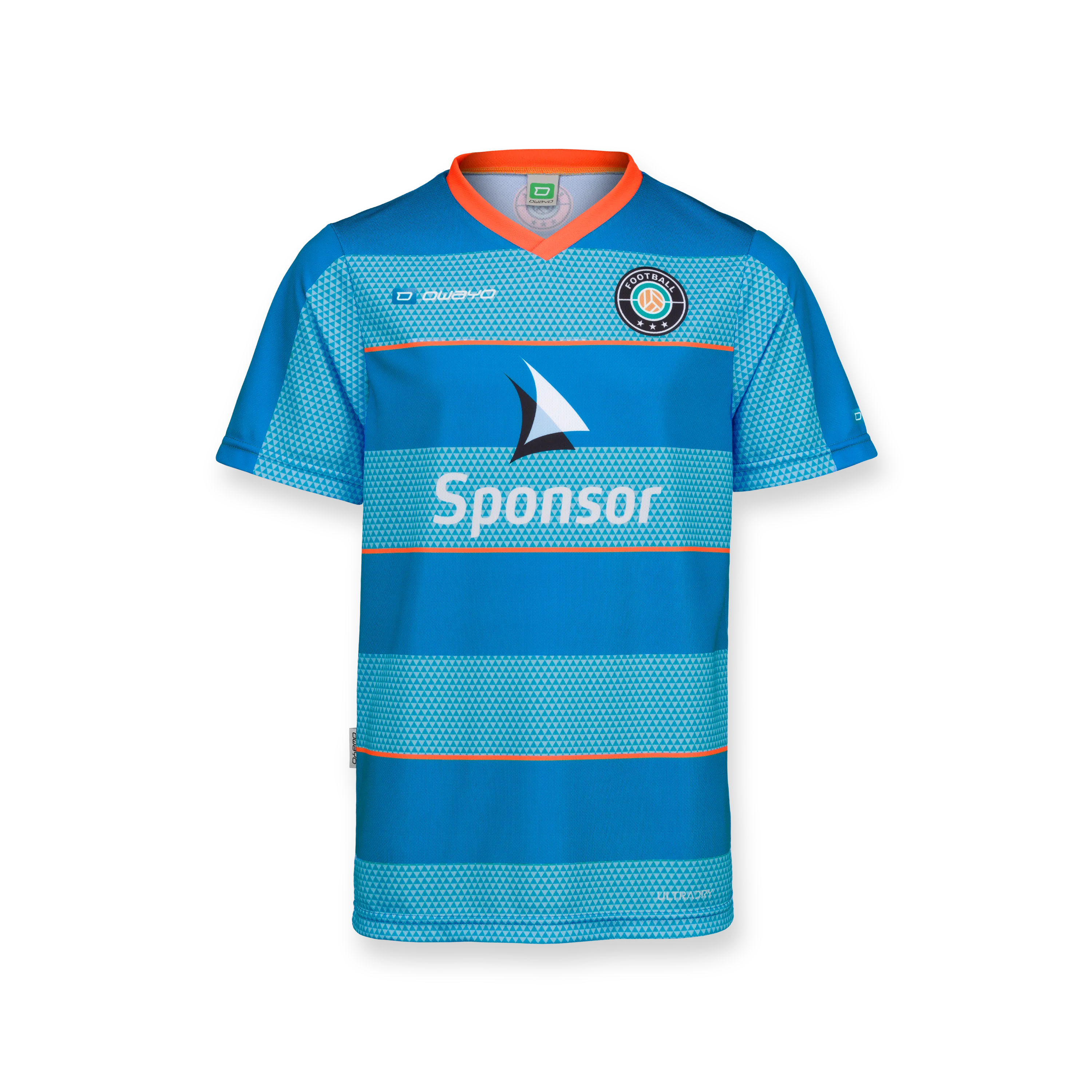 A blue kids' jersey featuring an orange collar and horizontal stripes, displaying a sponsor logo on the front.