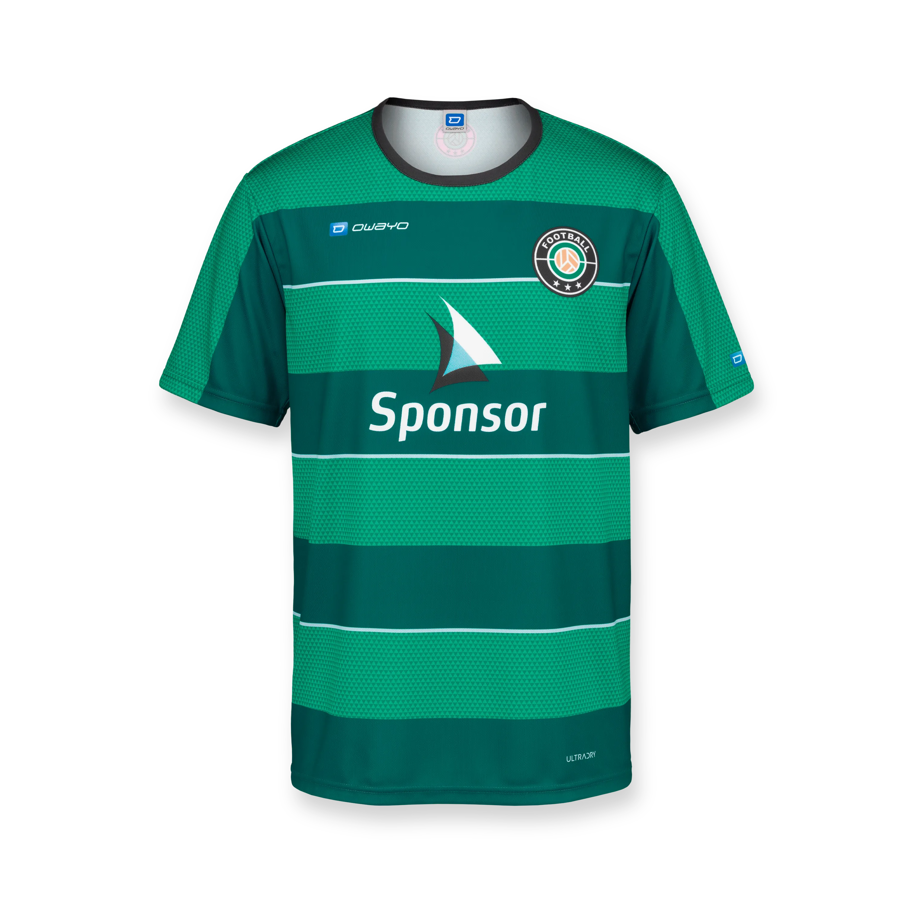 Green football jersey featuring wide horizontal stripes and a round collar, with a sponsor logo on the front.