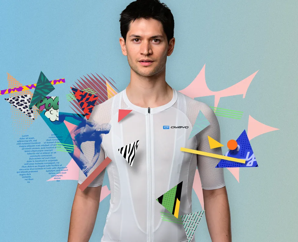 A man wearing a white, sleeveless athletic top with a zipper and the 'owayo' logo on the chest, surrounded by colorful geometric shapes and patterns.