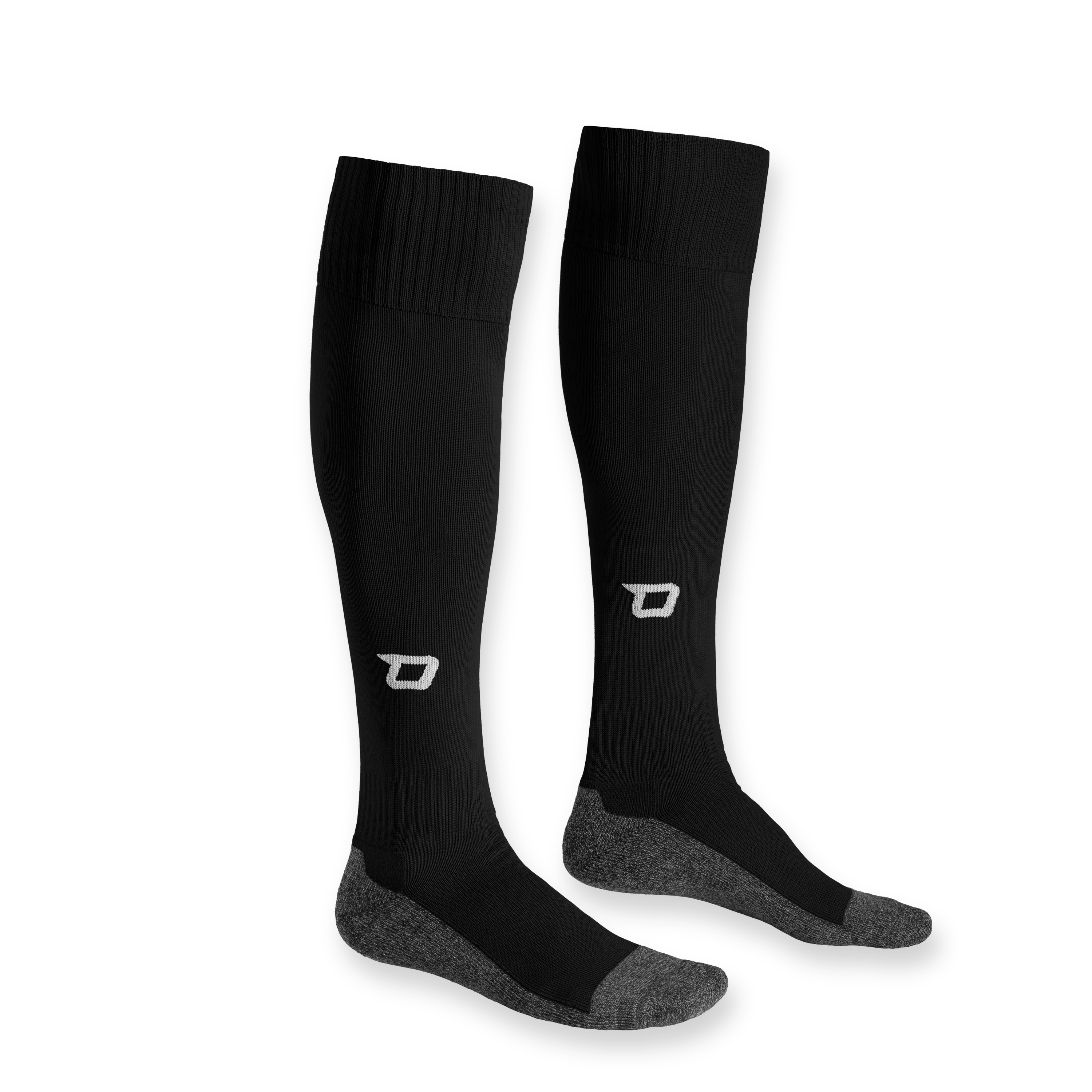 Black sports socks with gray accents and an elastic cuff.