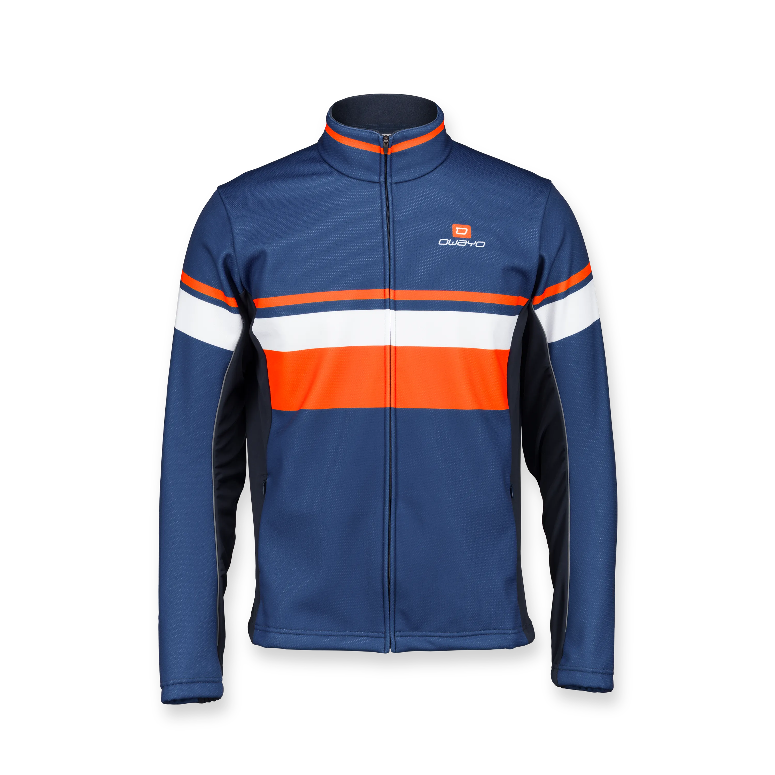 A sporty blue jacket featuring orange and white stripes on the front.