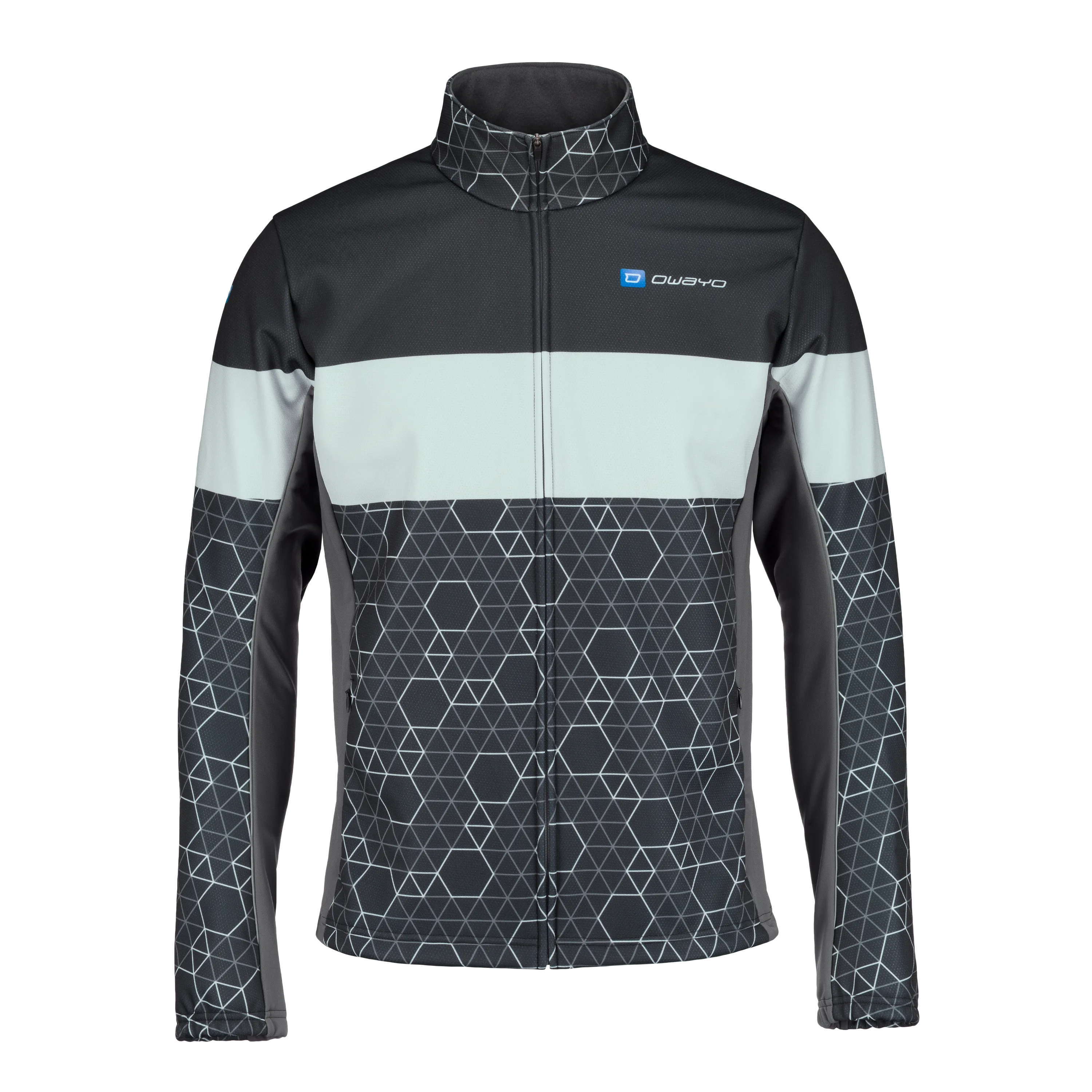 A sporty jacket in black and gray with a geometric pattern and high collar.