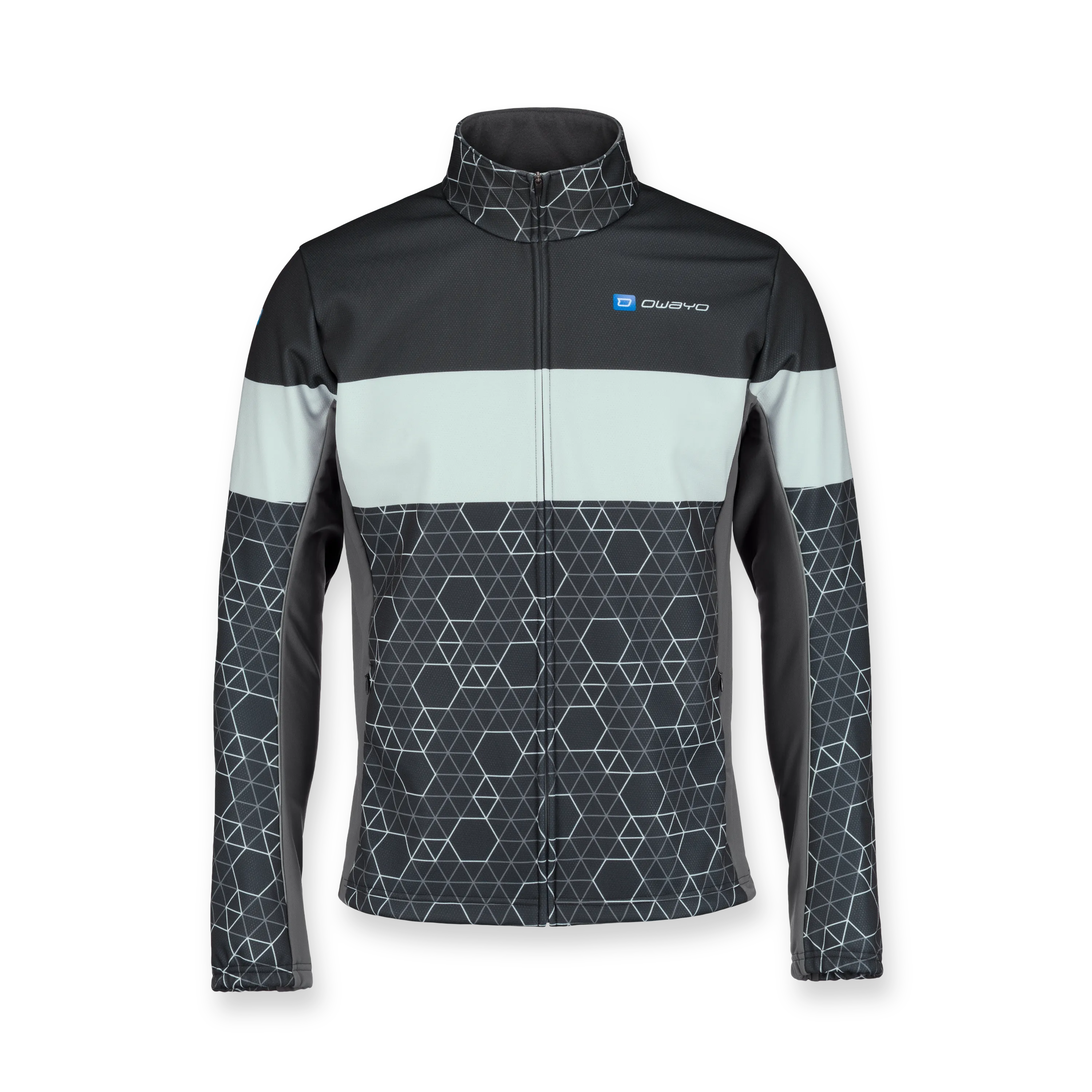 Black sports jacket with geometric design and stand-up collar.