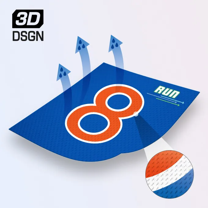 A blue fabric featuring a large orange 8 and the word 'RUN', representing breathable sportswear.