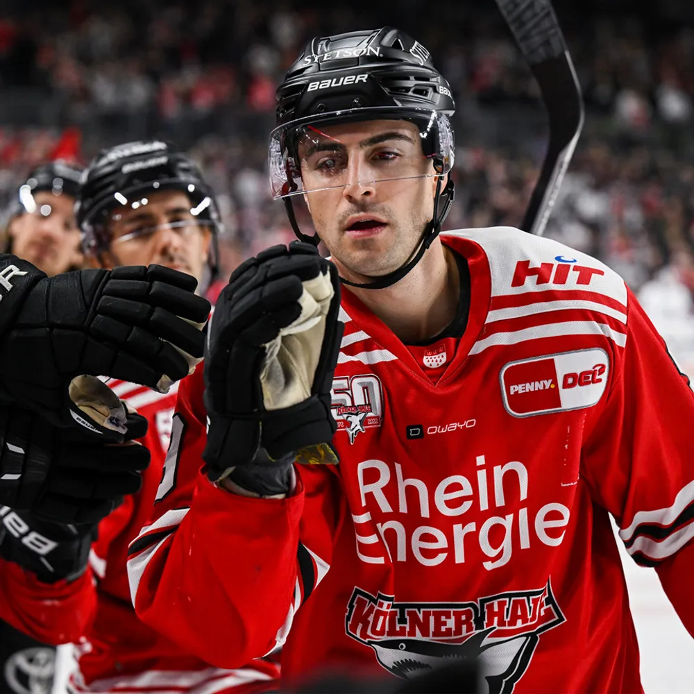 A hockey player in a red jersey with white stripes and logos, standing on the ice and raising his gloves.
