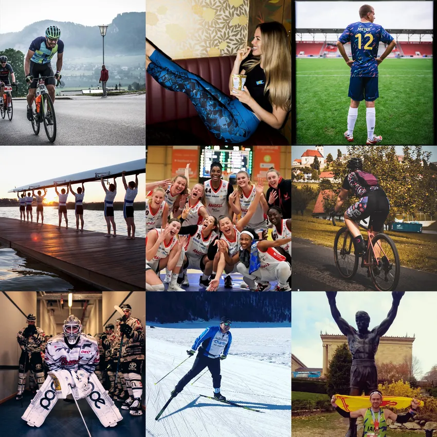 A collage of athletes in various sports, including cycling, basketball, rowing, and cross-country skiing, showcased in customized sportswear.