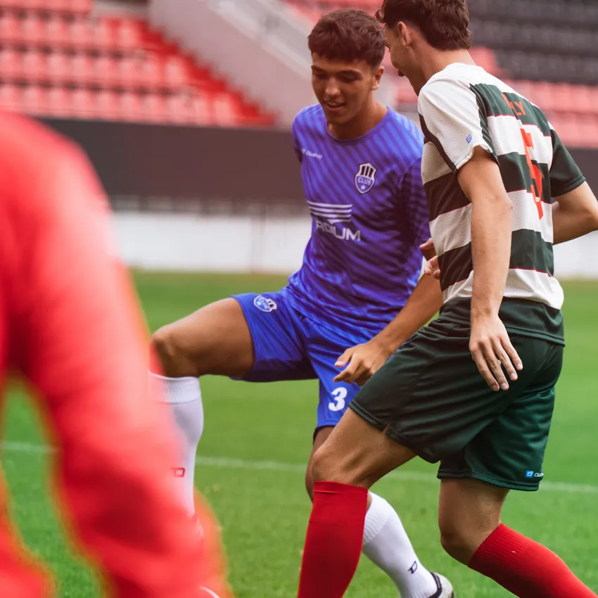 Two soccer players in action, one wearing a blue jersey and the other in a striped green and white jersey, standing on a soccer field.