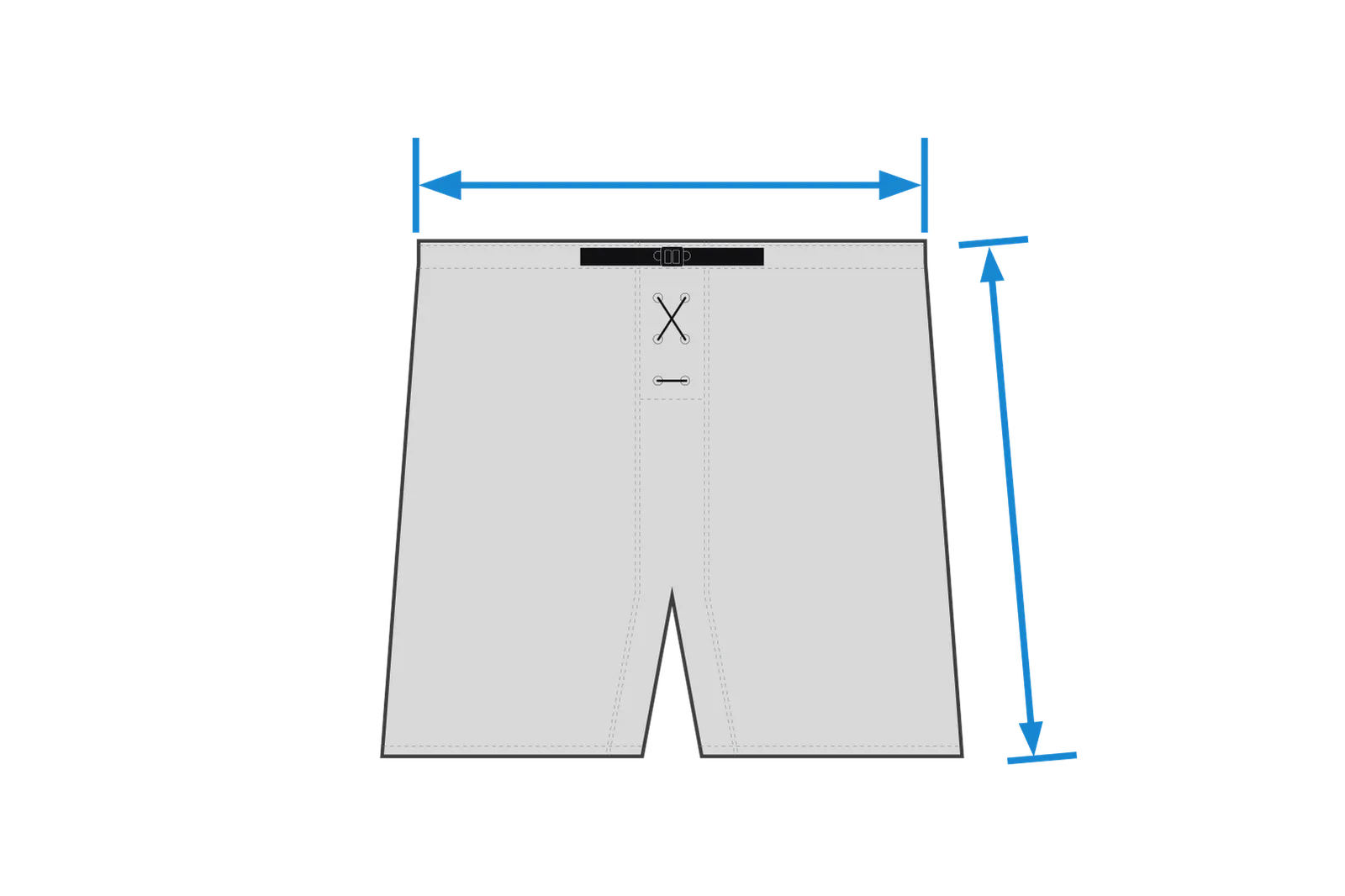 A measuring guide for ice hockey pants: Measure the width at the waistband and the length along the side.