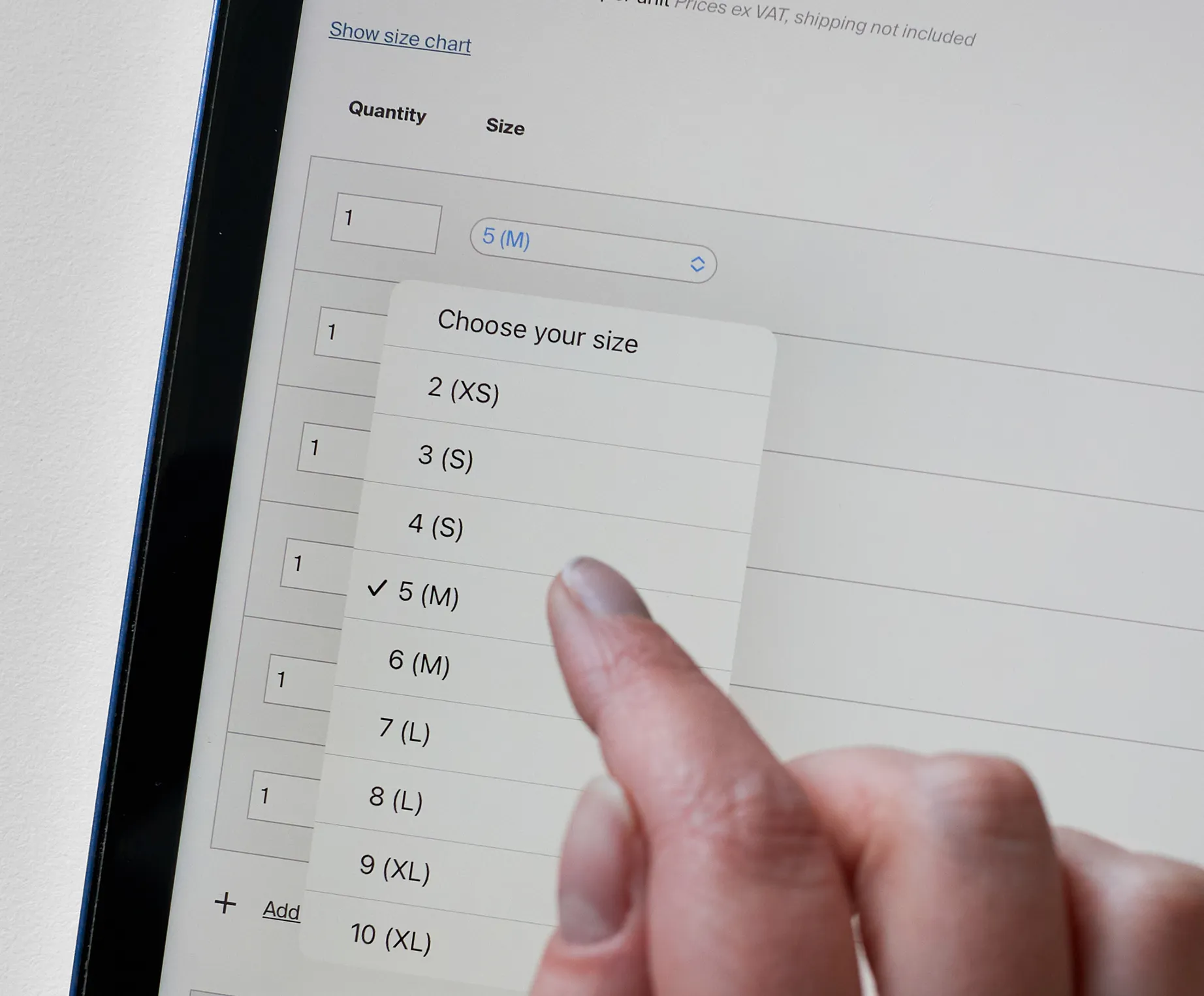 A hand selects size M (5) from a list on a tablet screen displaying a customized sportswear order page.