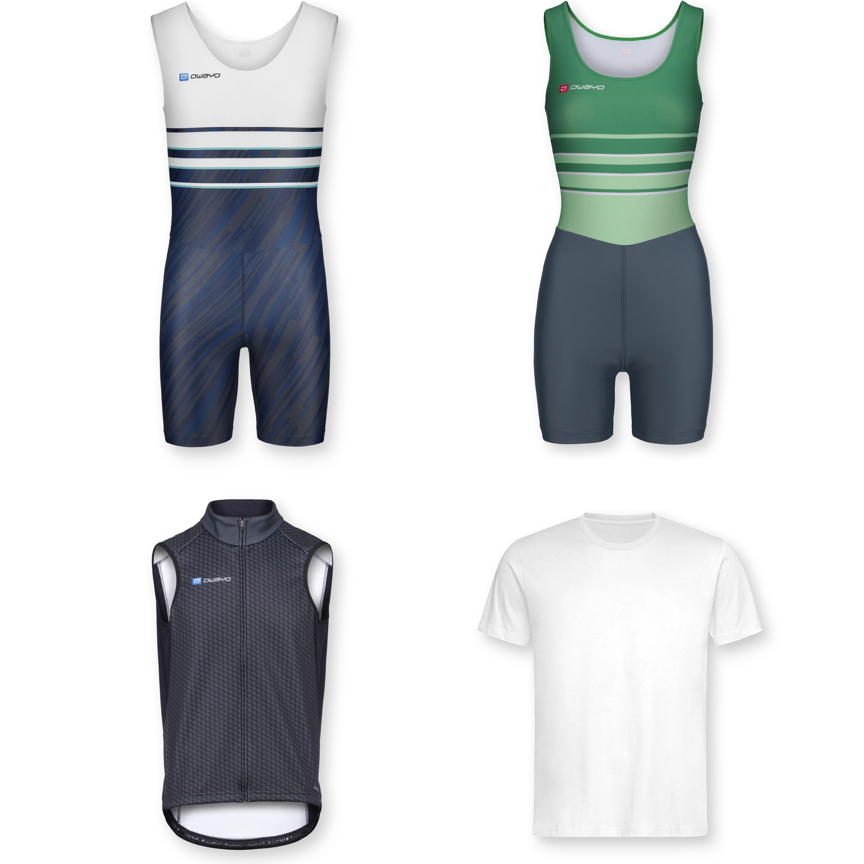 Various sportswear items for rowing, including one-piece suits and a T-shirt.