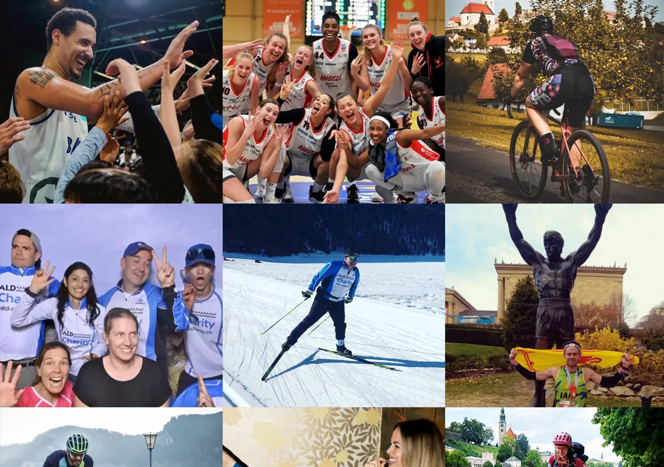 Collage of nine photos showing various athletes and teams in action, including basketball players, basketball players, cyclists, cross-country skiers, a group at a charity event, and a person with a medal in front of a statue.